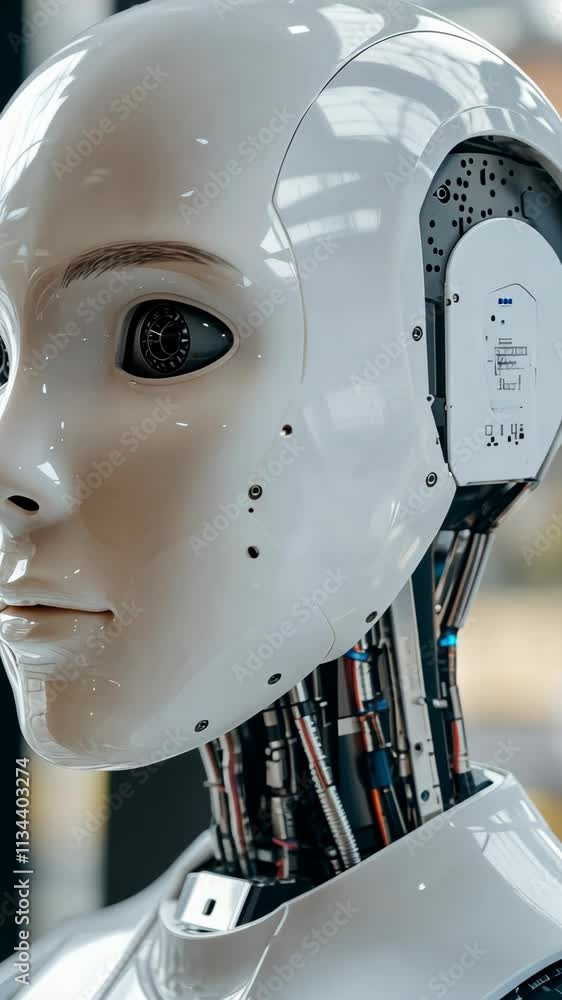 Poster robot head with intricate design showcasing advanced technology at an innovation expo in 2023