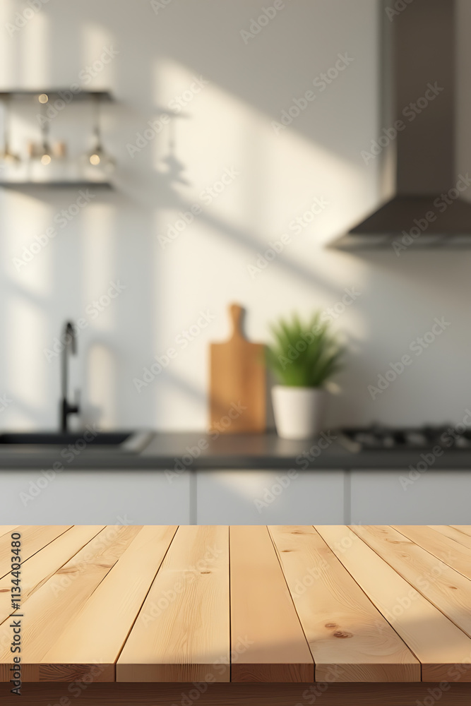 Poster wood table top placed in a blurred kitchen room background for product display or key visual layouts
