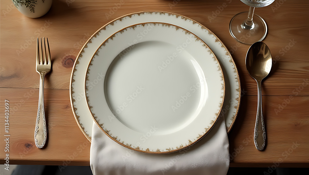 Poster Wood table setting with napkin or fabric and clipping path for design key visuals and backgrounds._00001_