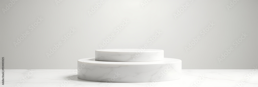 Poster White marble podium features a layered design for presenting products with a clear and visually appealing product display._00001_