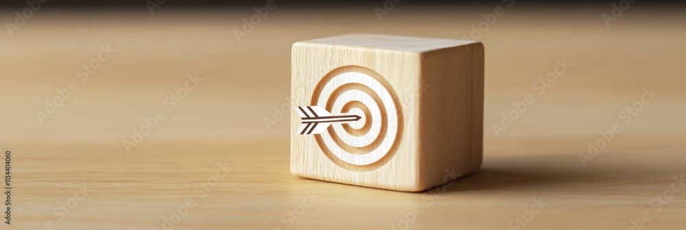 Poster On a polished wooden surface, there rests a block with a target symbol and pointed arrow, symbolizing precision in goalsetting and the pursuit of selfimprovement and personal growth