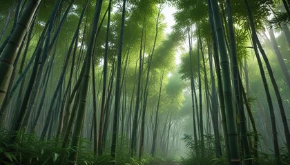 Fototapeta premium Bamboo forest with tall stalks and dense foliage, bamboo forest, leafy greens