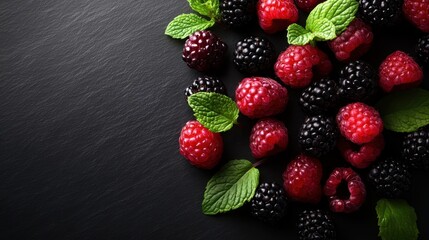 An elegant arrangement of blackberries and raspberries complemented by vibrant mint leaves,...