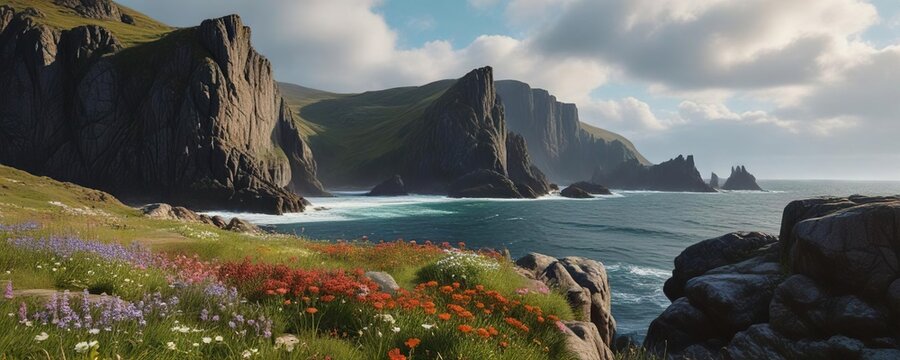 dramatic coastline with towering sea cliffs and wildflowers blooming on the rocks of a secluded sea cove in the north of the Isle of Lewis, landscape photography , seascapes