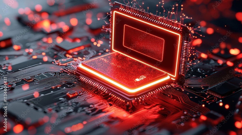 Poster close-up of a glowing microchip with illuminated circuits on a black motherboard.