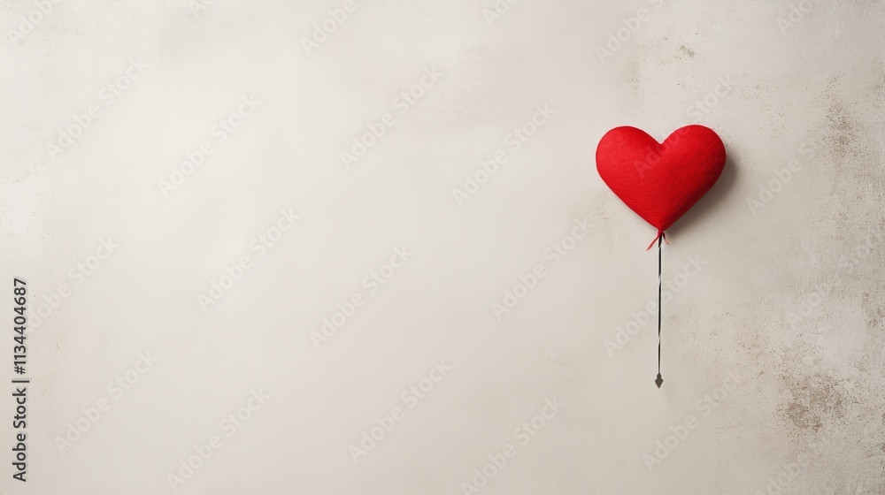 Poster bright red heart balloon floating against a textured wall in soft light. generative ai