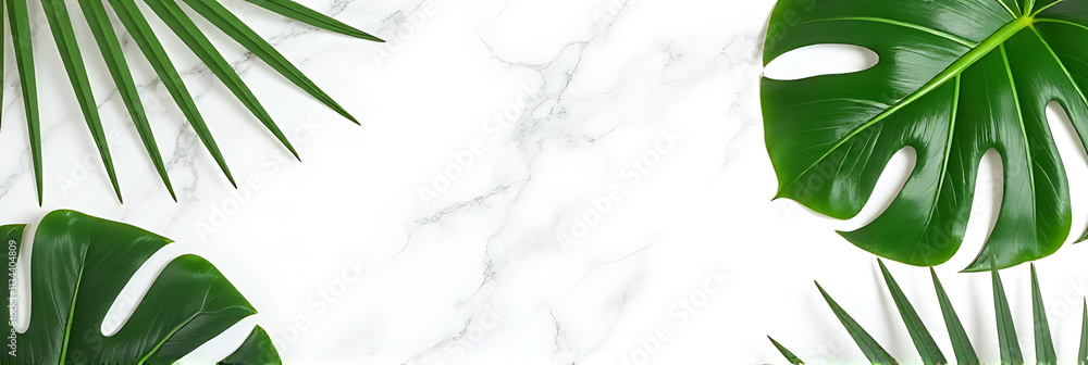Poster tropical leaves arranged artfully on a marble background create a natural copy space for various use