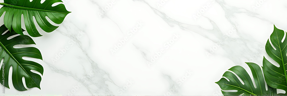 Poster tropical leaves arranged artfully on a marble background create a natural copy space for various use