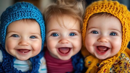 This joyful image features three delightful babies wearing brightly colored knitted hats, showcasing their infectious smiles and sparkling blue eyes in a heartwarming moment.