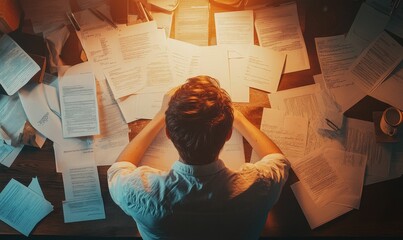 Person overwhelmed by papers, late-night study.