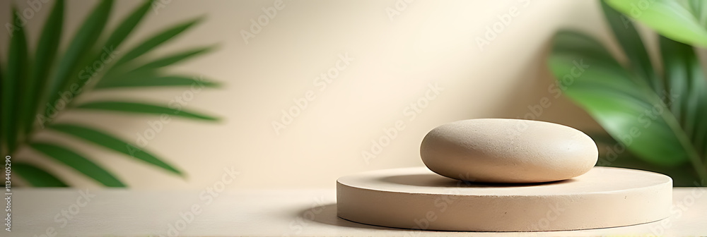 Poster Tropical design features a minimalist backdrop for displaying two pieces of sandstone on a selective focus product platform._00002_