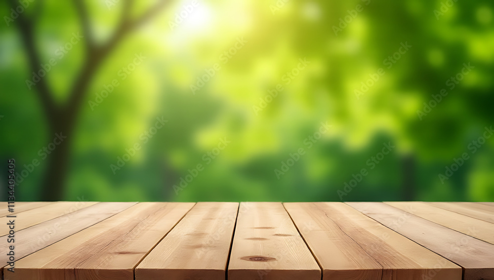 Aufkleber the wood tabletop is selectively focused on a blurred green tree in the background to create an arti