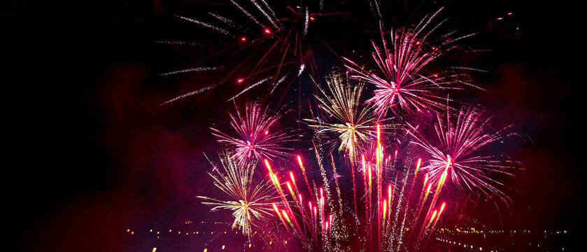 happy new year, new year's eve, silvester, new year, festival, greeting card, new year card long panorama  - fireworks firework pyrotechnic pyrotechnics, on black night sky background