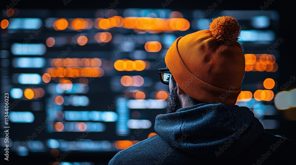 Poster man wearing orange beanie and glasses looking at data displayed on a futuristic screen with glowing 