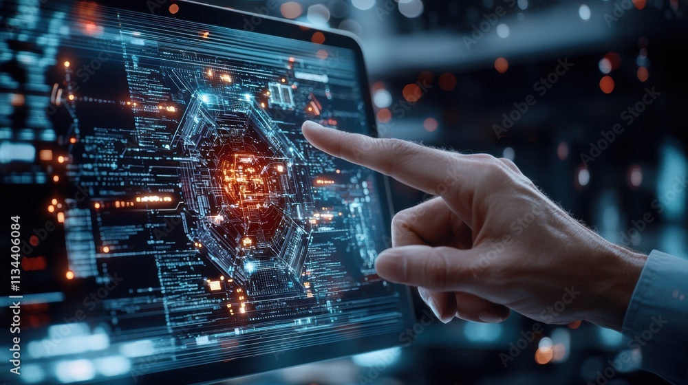 Poster hand pointing at a glowing digital interface on a futuristic touch screen with blue and orange eleme