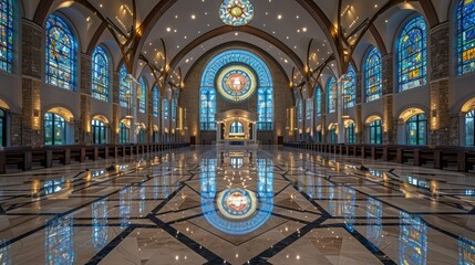 Obraz premium A grand interior of a church featuring stained glass windows and polished marble floors.