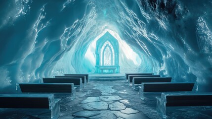 A small chapel inside an iceberg, with a translucent ice altar and frozen pews, offering a quiet, peaceful sanctuary
