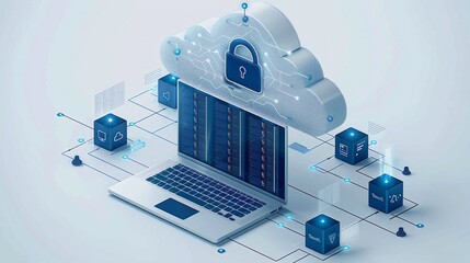 Secure cloud computing concept with laptop and padlock icon.