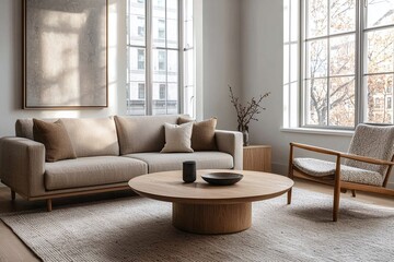 A modern Scandinavian-style interior in the living room with minimalist, beige sofas and hardwood cafe tables. Generative AI
