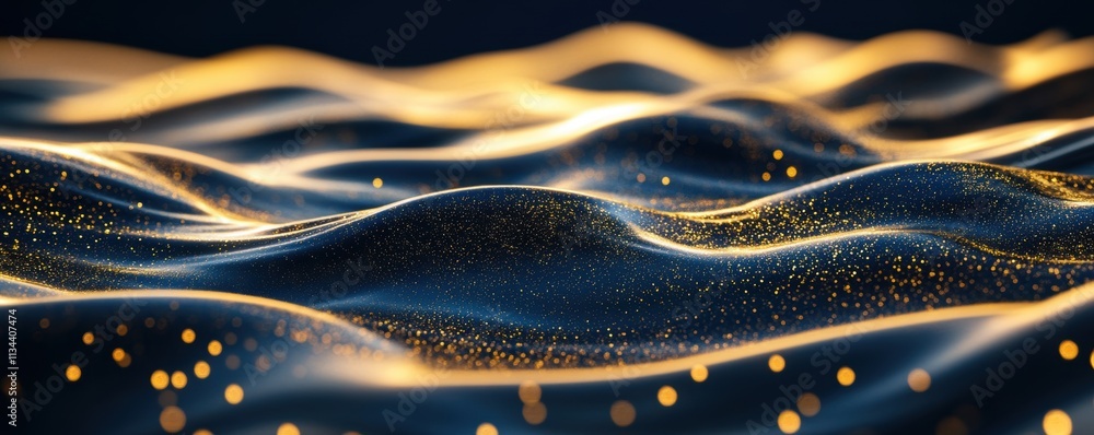 Poster abstract shimmering golden waves on a dark background with glowing particles