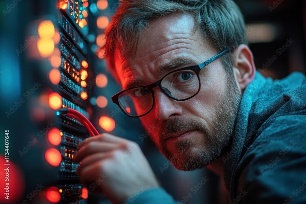 Poster it technician man working on server equipment in a data center