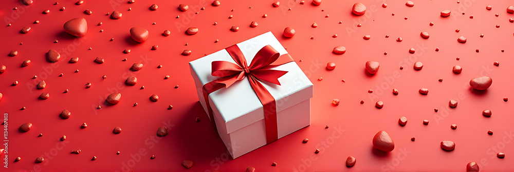 Poster red dot pattern adds a pop of color to flat lay design featuring gift box on celebration anniversary