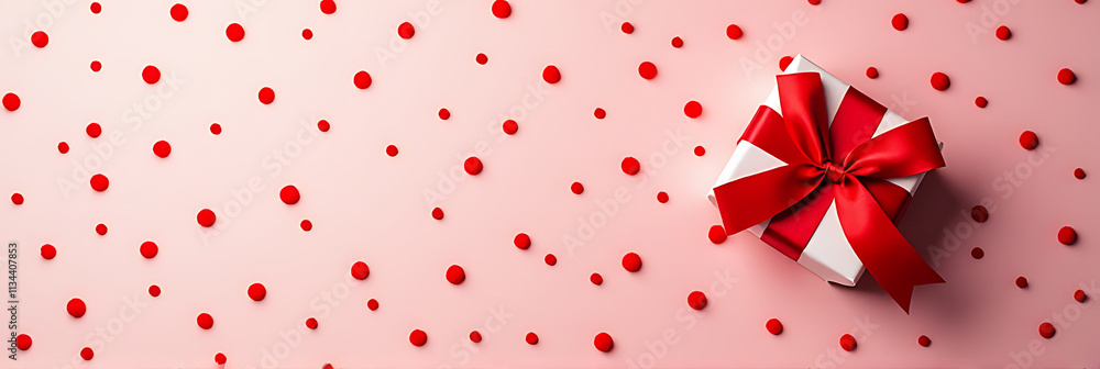 Poster red dot pattern adds a pop of color to flat lay design featuring gift box on celebration anniversary