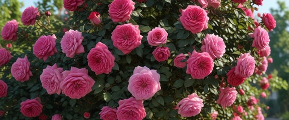 Obraz premium A mature rose bush with full, lush blooms in shades of red and pink , outdoor living , shrubbery