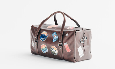 3d render of isolated old vintage travel luggage duffel bag with stickers