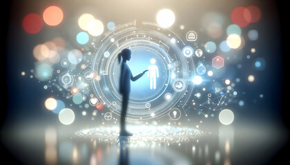 3D Silhouette of a person interacting with a holographic interface amid soft bokeh lights concept as A silhouetted figure engages with a floating holographic display set against a backdrop of gentle b