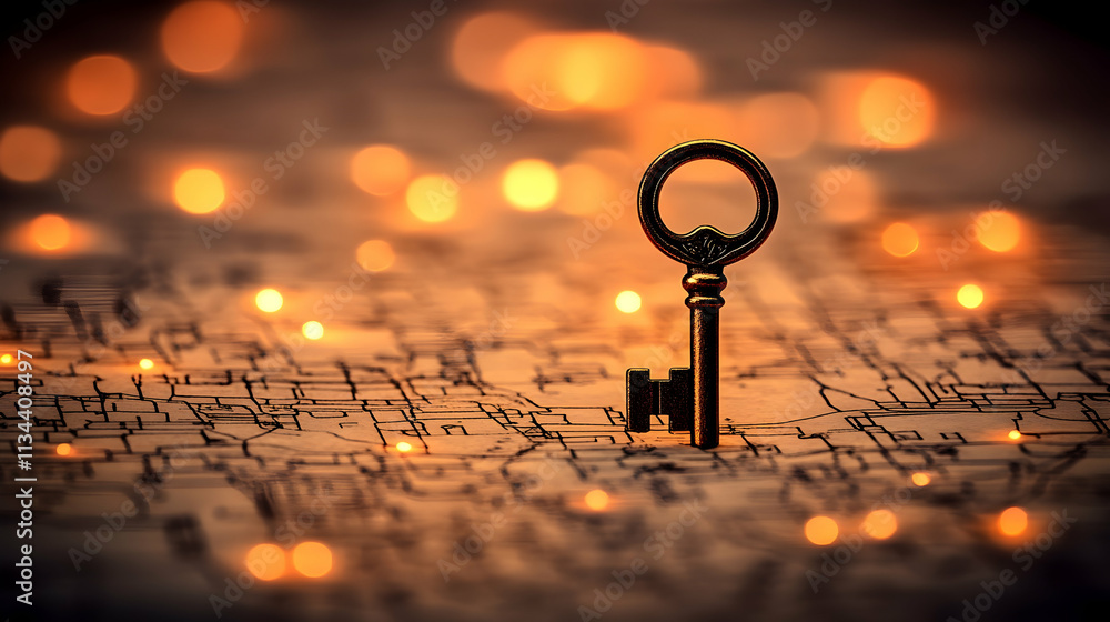 Poster antique key on vintage map with warm bokeh lights.