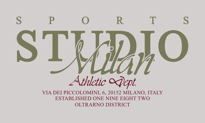 Milan Sports Studio Athletic Department slogan print with grunge effect for graphic tee t-shirt or sweatshirt.