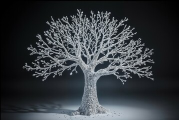 Delicate winter tree with shimmering branches stands against dark background