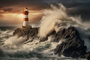 Majestic lighthouse stands strong against crashing waves at sunset. Generative AI