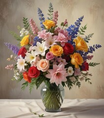 Beautifully arranged bouquet in an oil painting on canvas with soft colors, elegant , blooming flowers, garden flowers