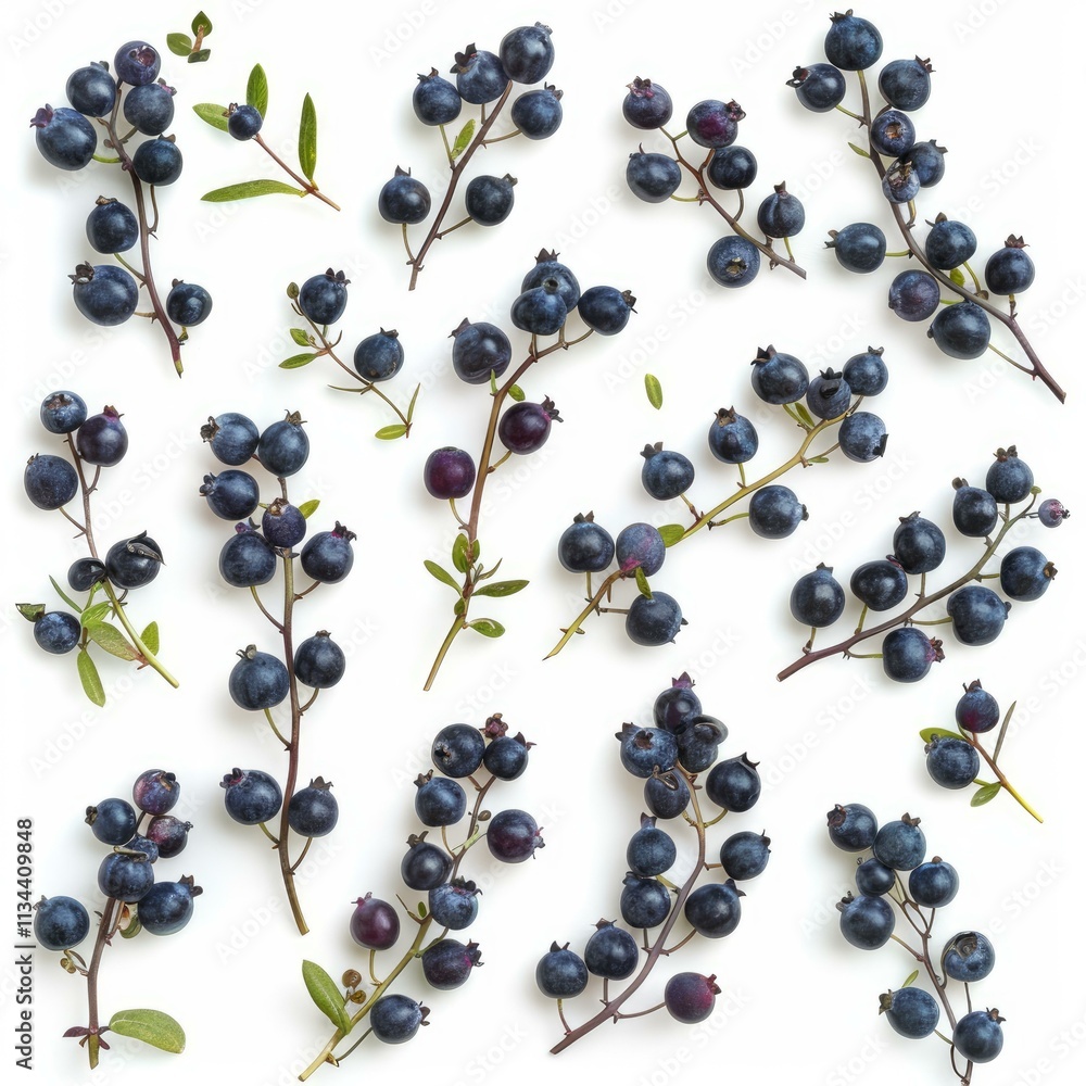 Poster sprigs of wild blueberries creating a vibrant pattern on a pristine white backdrop
