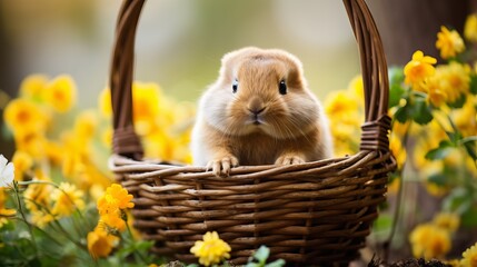 Soft rabbit nestled in a woven basket surrounded by vibrant yellow flowers. Generative AI