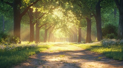 Fototapeta premium The photo shows a beautiful forest with a path in the middle. The sun is shining through the trees.