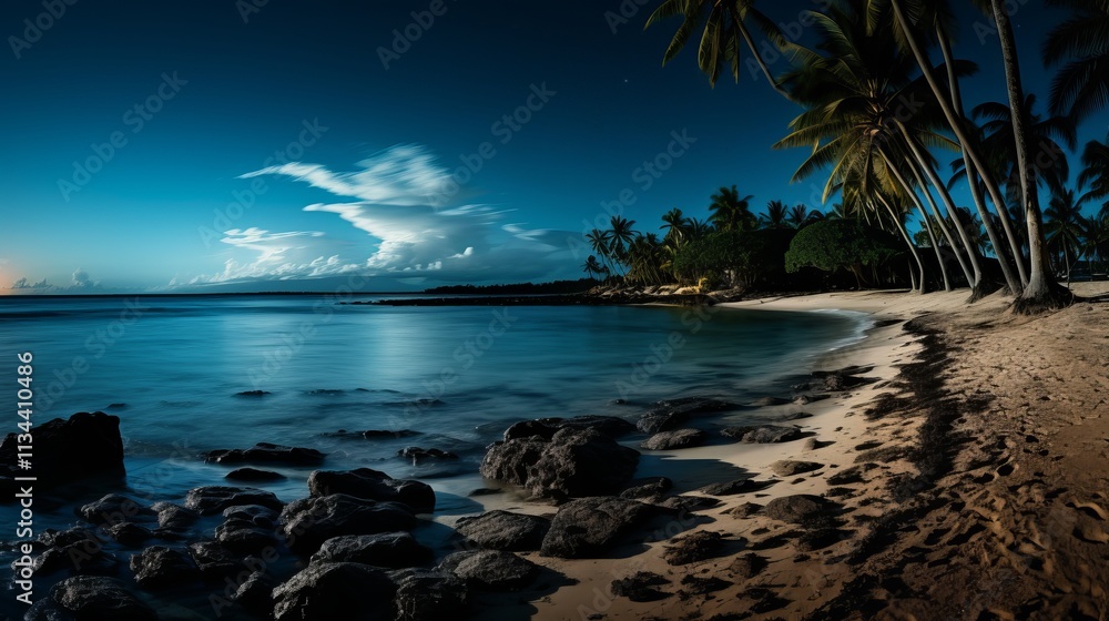 Poster serene moonlit beach with palm trees under a starry sky at dusk. generative ai