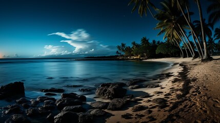 Serene moonlit beach with palm trees under a starry sky at dusk. Generative AI