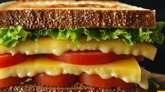 Delicious sandwich with layers of cheese, fresh lettuce, and ripe tomatoes on whole grain bread