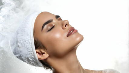 Naklejka premium Close Up of Person Enjoying Facial Steam on Glossy Background with Copy Space for Skincare and Relaxation Concept