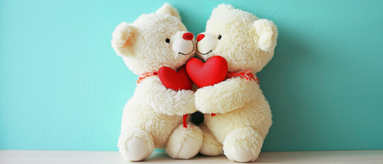Due orsacchiotti di pelouche stringono due cuori rossi e si abbracciano. Doppio spazio vuoto. Festa di San Valentino.
