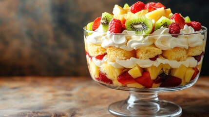 A colorful fruit trifle layered with sponge cake, cream, and various fruits in a glass bowl.
