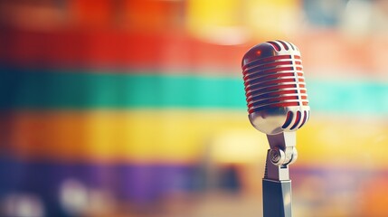 Retro microphone stands ready for performers in a lively event space. Generative AI