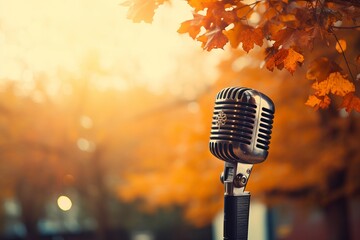 Vintage microphone surrounded by autumn leaves captures a moment of creativity. Generative AI