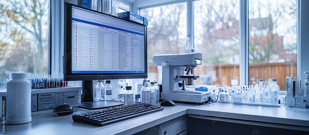 Poster modern laboratory workspace with computer, microscope, and various vials.