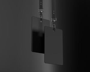 ID card Mockup, Blank Employee ID Badge, Black Corporate name Id card, rectangular card, 3d rendered Isolated on Dark Background