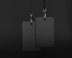 ID card Mockup, Blank Employee ID Badge, Black Corporate name Id card, rectangular card, 3d rendered Isolated on Dark Background