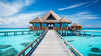 Serene overwater bungalow nestled in turquoise waters at a tropical paradise. Generative AI